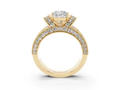 Cushion Cut Diamond Milgrain Halo Pavé Engagement Ring Set in Yellow gold with Prong Setting