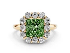 Fancy Green Princess Cut Diamond Milgrain Halo Solitaire Ring Set in Yellow gold with Bezel Set Side Stones and Pavé Band