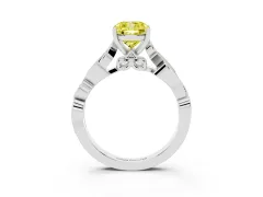 Fancy Yellow Cushion Cut Diamond Vine Band Solitaire Ring Set in White gold with Milgrain Prong Setting