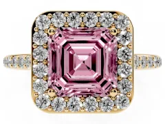 Fancy Pink Asscher Cut Diamond Halo Engagement Ring Set in Yellow gold with Round Pavé Shoulders and Heart Gallery