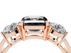 Fancy Black Asscher Cut Diamond Three-Stone Ring Set in Rose gold with Round Side Stones and Classic Band