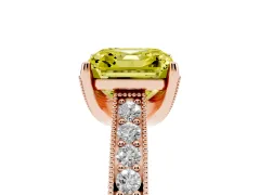 Fancy Yellow Asscher Cut Diamond Solitaire Ring Set in Rose gold with Milgrain-Edged Pavé Band and Prong Setting