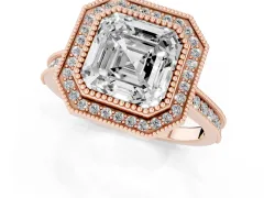 Asscher Cut Diamond Halo Milgrain Pavé Band Ring Set in Rose gold with Prong Setting