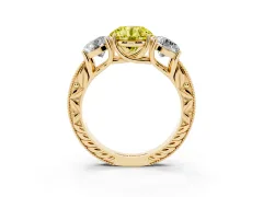 Fancy Yellow Round Cut Diamond Three-Stone Engagement Ring Set in Yellow gold with Milgrain Pavé Band