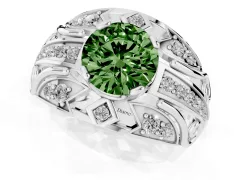 Fancy Green Round Cut Diamond Art Deco Ring Set in Silver with Pavé Split Shank