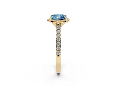 Fancy Blue Princess Cut Diamond Solitaire Ring Set in Yellow gold with Pavé Band and Floral Prong Setting