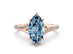 Fancy Blue Marquise Cut Diamond Solitaire Ring Set in Rose gold with Pavé Accent Band and Classic Prong Setting