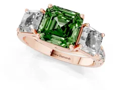 Fancy Green Asscher Cut Diamond Three-Stone Ring Set in Rose gold with Pavé Band