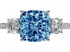 Fancy Blue Cushion Cut Diamond Three-Stone Ring Set in Platinum with Pavé Band and Graduated Sides
