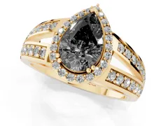 Fancy Black Pear Cut Diamond Halo Ring Set in Yellow gold with Double Pavé Split Shank
