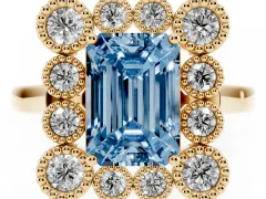 Fancy Blue Emerald Cut Diamond Cluster Halo Ring Set in Yellow gold with Milgrain Bezel Accents and Plain Band