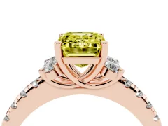 Fancy Yellow Emerald Cut Diamond Three-Stone Pavé Ring Set in Rose gold with Prong Setting