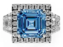 Fancy Blue Asscher Cut Diamond Halo Split Shank Ring Set in Silver with Round Accent Stones and Prong Setting