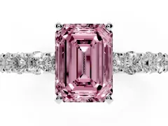 Fancy Pink Emerald Cut Diamond Solitaire Ring Set in White gold with Shared Prong Pavé Band
