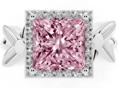 Fancy Pink Princess Cut Diamond Halo Floral Band Ring Set in Silver with Prong Setting