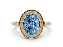 Fancy Blue Oval Cut Diamond Halo Ring Set in Yellow gold with Accent-Lined Split Shank and Prong Setting