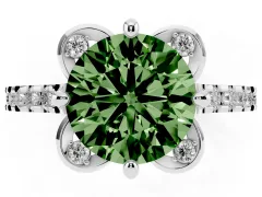 Fancy Green Round Cut Diamond Solitaire Ring Set in Platinum with Pavé Band and Floral Prong Setting
