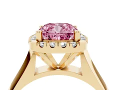 Fancy Pink Cushion Cut Diamond Halo Solitaire Engagement Ring Set in Yellow gold with Square Band and Prong Setting