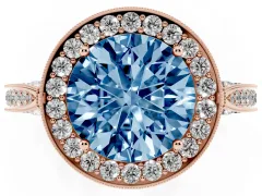 Fancy Blue Round Cut Diamond Halo Engagement Ring Set in Rose gold with Accent Split Shank Band