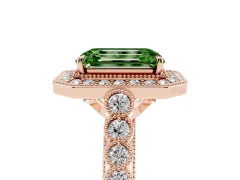 Fancy Green Emerald Cut Diamond Milgrain Halo Solitaire Ring Set in Rose gold with Bezel Set Side Stones and Pavé Band