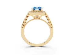 Fancy Blue Cushion Cut Diamond Milgrain Halo Solitaire Ring Set in Yellow gold with Bezel Set Side Stones and Pavé Band