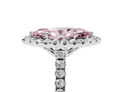 Fancy Pink Marquise Cut Diamond Pavé Halo Engagement Ring Set in Platinum with Pavé Band and Prong Setting