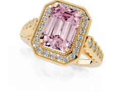 Fancy Pink Emerald Cut Diamond Milgrain Halo Solitaire Ring Set in Yellow gold with Bezel Set Side Stones and Pavé Band