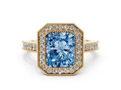 Fancy Blue Radiant Cut Diamond Halo Milgrain Pavé Band Ring Set in Yellow gold with Prong Setting