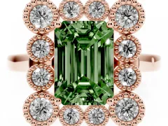 Fancy Green Emerald Cut Diamond Cluster Halo Ring Set in Rose gold with Milgrain Bezel Accents and Plain Band