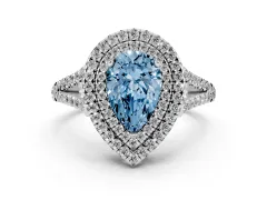 Fancy Blue Pear Cut Diamond Double Halo Ring Set in White gold with Pavé Band