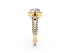 Round Cut Diamond Floral Halo Split Shank Engagement Ring Set in Yellow gold with Pavé Shank