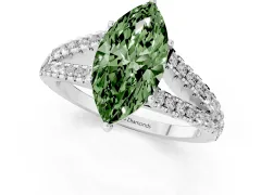Fancy Green Marquise Cut Diamond Split Shank Pavé Engagement Ring Set in Platinum with Prong-Held Center Stone