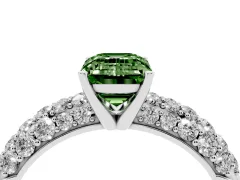Fancy Green Emerald Cut Diamond Pavé Band Solitaire Ring Set in Platinum with Close-Set Accent Stones and Prong Setting