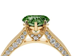 Fancy Green Heart Cut Diamond Solitaire Ring Set in Yellow gold with Milgrain-Edged Pavé Band and Prong Setting