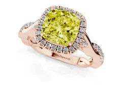 Fancy Yellow Cushion Cut Diamond Halo Twist Band Solitaire Ring Set in Rose gold with Prong Setting