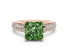 Fancy Green Princess Cut Diamond Solitaire Ring Set in Rose gold with Multi-Row Round Pavé Band and Prong Setting