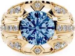 Fancy Blue Round Cut Diamond Art Deco Ring Set in Yellow gold with Pavé Split Shank