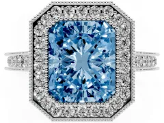 Fancy Blue Radiant Cut Diamond Halo Milgrain Pavé Band Ring Set in Silver with Prong Setting