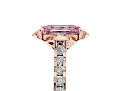 Fancy Pink Emerald Cut Diamond Solitaire Ring Set in Rose gold with Pavé Band and Floral Prong Setting