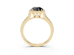 Fancy Black Round Cut Diamond Halo Engagement Ring Set in Yellow gold with Round Pavé Shoulders and Heart Gallery