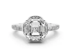 Asscher Cut Diamond Halo Ring Set in White gold with Channel Set Band and Prong Setting