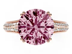 Fancy Pink Round Cut Diamond Split Shank Pavé Engagement Ring Set in Rose gold with Prong-Set Center Stone