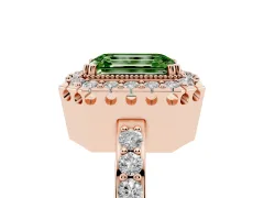 Fancy Green Emerald Cut Diamond Halo Ring Set in Rose gold with Pavé Shank and Prong Setting