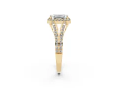Emerald Cut Diamond Halo Split Shank Pavé Ring Set in Yellow gold with Prong Setting
