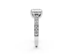 Asscher Cut Diamond Solitaire Ring Set in White gold with Milgrain-Edged Pavé Band and Prong Setting