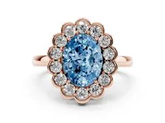 Fancy Blue Oval Cut Diamond Halo Cluster Engagement Ring Set in Rose gold with Solitaire Band and Prong Setting