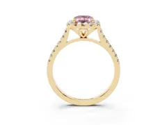 Fancy Pink Emerald Cut Diamond Cushion Halo Ring Set in Yellow gold with Pavé Band