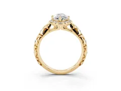 Marquise Cut Diamond Halo Ring Set in Yellow gold with Filigree Leaf Band and Prong Setting