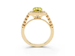 Fancy Yellow Emerald Cut Diamond Milgrain Halo Solitaire Ring Set in Yellow gold with Bezel Set Side Stones and Pavé Band