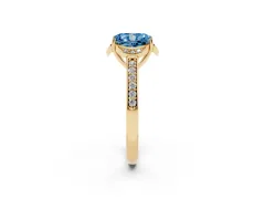 Fancy Blue Radiant Cut Diamond Halo Ring Set in Yellow gold with Channel Set Band and Prong Setting